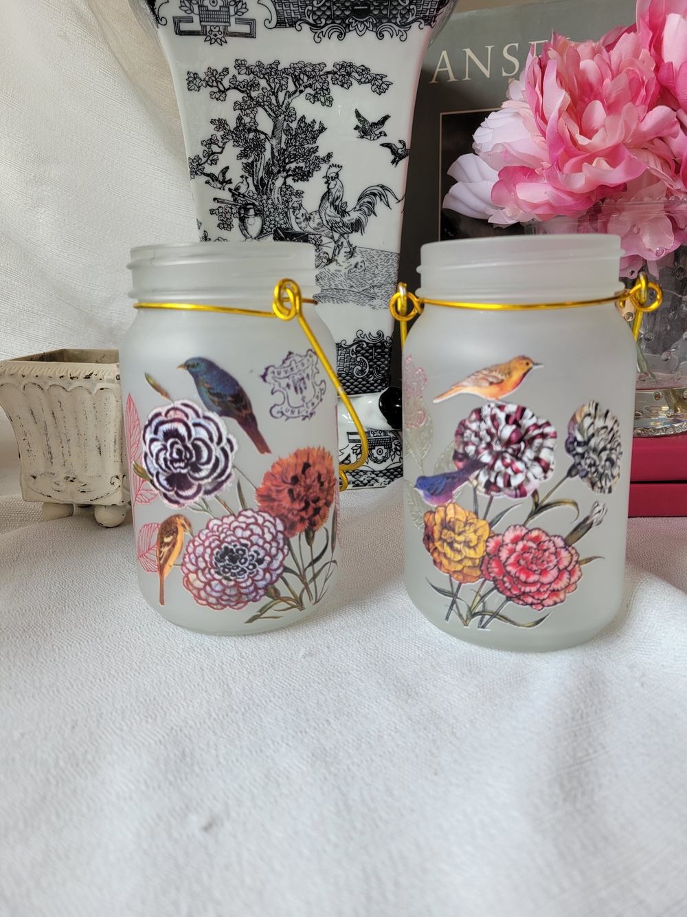 Frosted Glass Jar Fairy Light Holders with Flowers